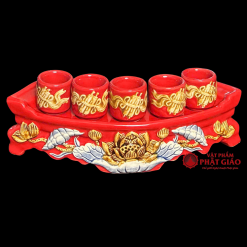 Bộ Kỷ Ngai 5 Chén Gốm Bát Tràng Men Màu Đỏ - Ảnh 2
