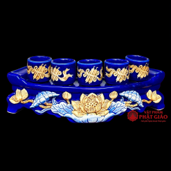 Bộ Kỷ Ngai 5 Chén Gốm Bát Tràng Men Màu Xanh Dương - Ảnh 3