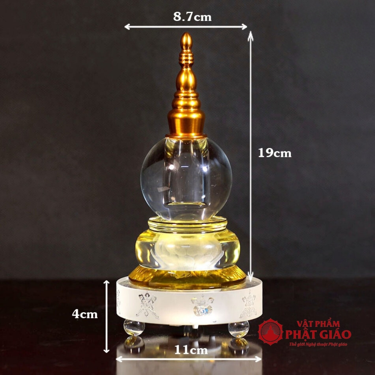 Tháp Xá Lợi Đế Tám Cát Tường Thủy Tinh Có Đế LED, Cao 23cm 11 Tháp Xá Lợi Đế Tám Cát Tường Thủy Tinh Có Đế LED, Cao 23cm - Ảnh 11