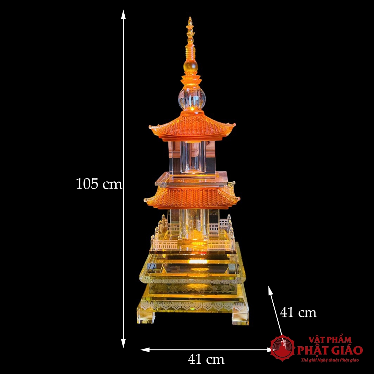 Tháp Xá Lợi Tua Bảo 3 Tầng Xá Lợi Thủy Tinh Mái Lưu Ly Vàng, Cao 105cm 16 thap xa loi tua bao 3 tang xa loi thuy tinh mai luu ly vang cao 105cm 7